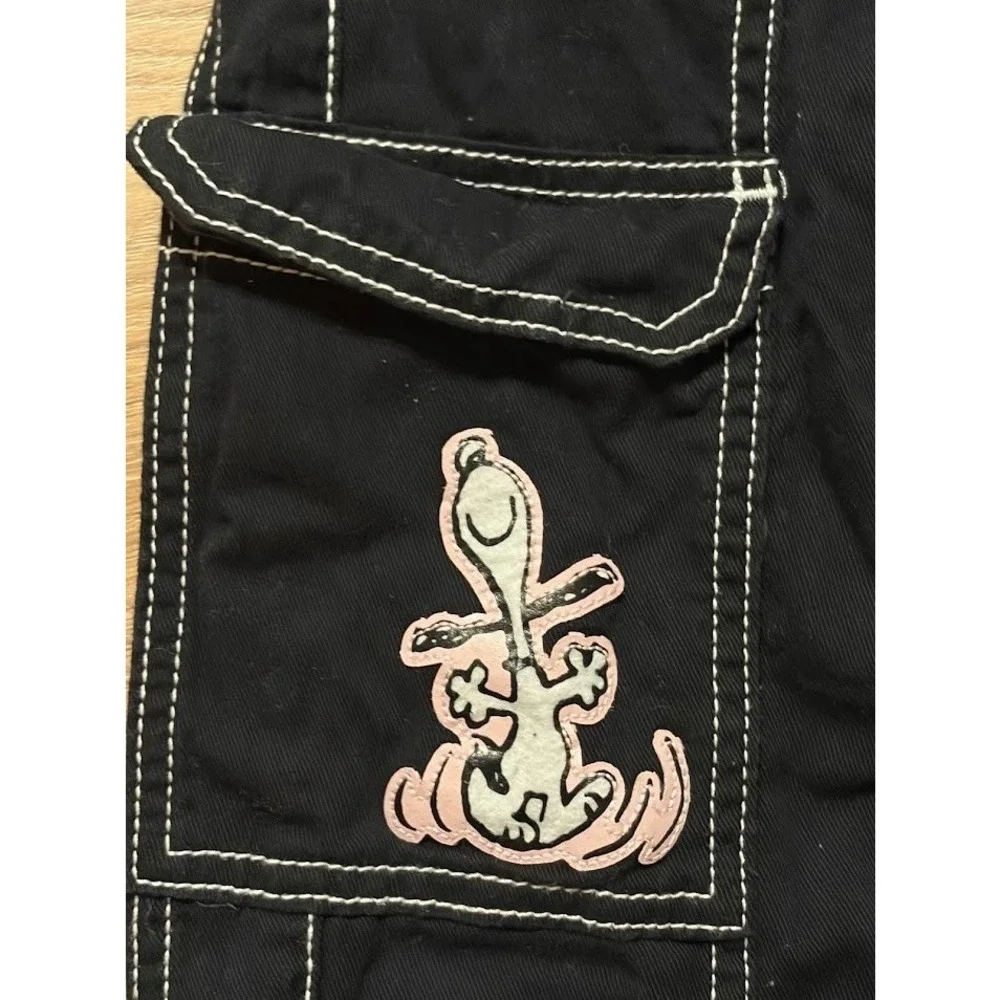 Justice Peanuts Snoopy Black Cargo Pants Contrast Stitch Girls Size 10 Wide Leg